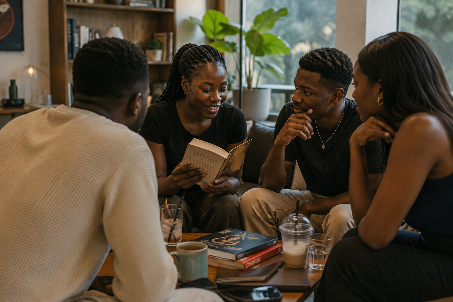 A book reading with residents gathered in the lounge