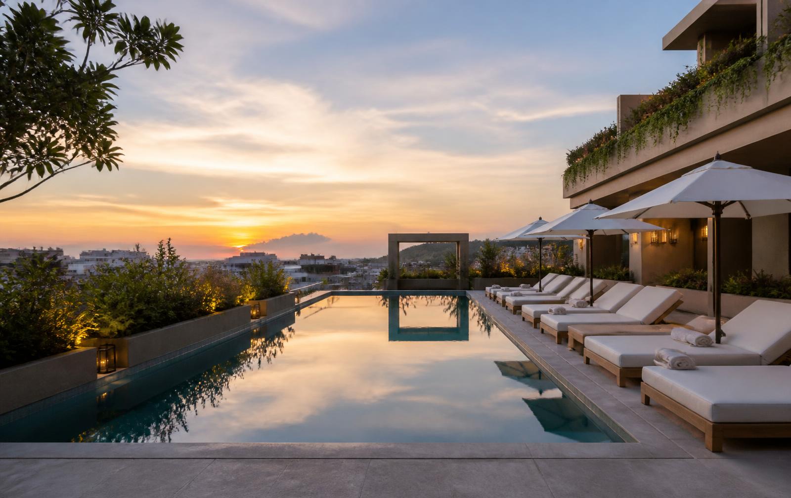 The pool terrace at sunset